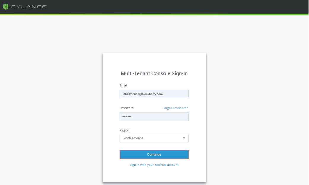 screenshot of Continue button on the Multi-Tenant Console Sign-In page