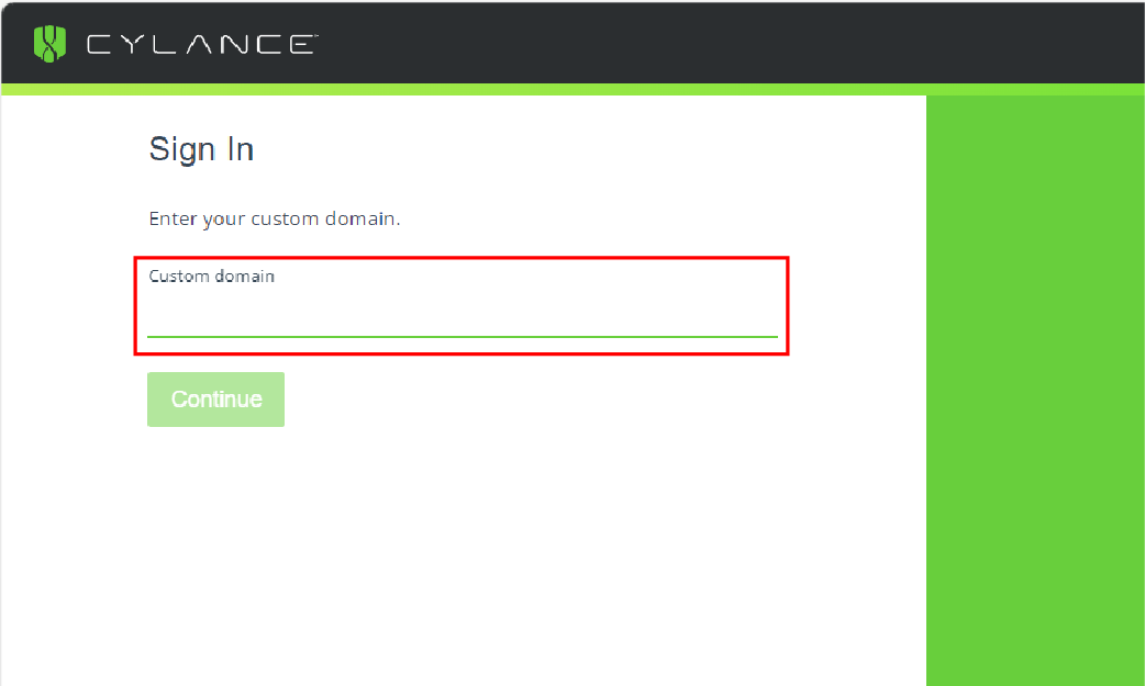 Screenshot of the cylance sign-in screen where you enter a custom domain