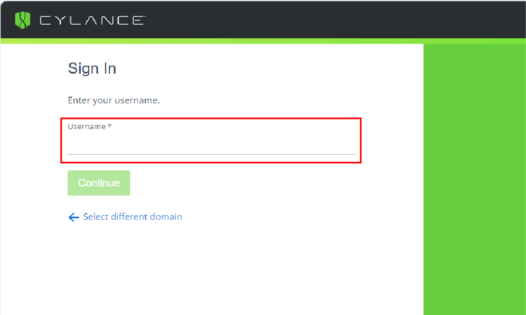 Screenshot of the cylance sign-in screen where you enter your username