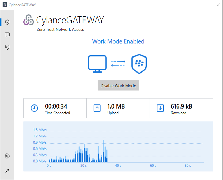 Screenshot of the cylance gateway window with work mode enabled
