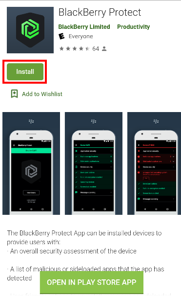 BlackBerry Protect app Install button in the Play Store
