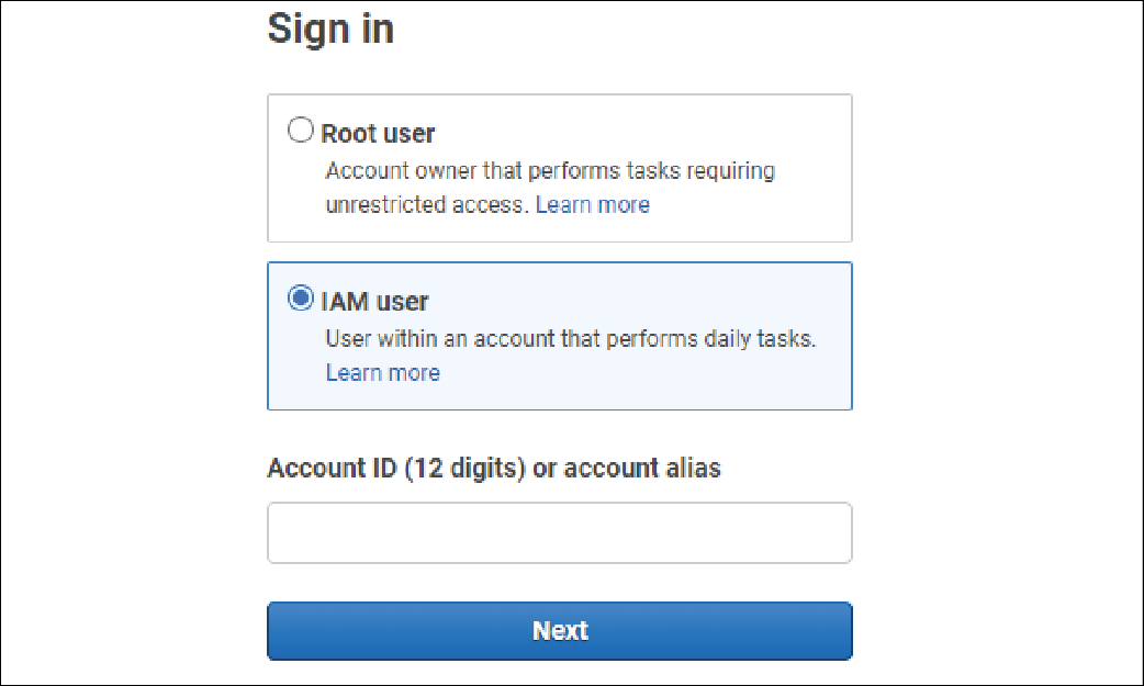 Screenshot of Sign in screen for AWS