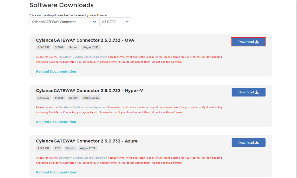 Screenshot of Software Downloads screen