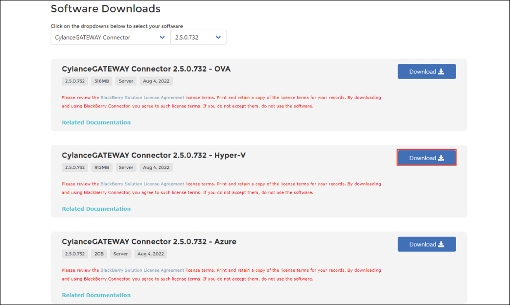 Screenshot of Software Downloads screen
