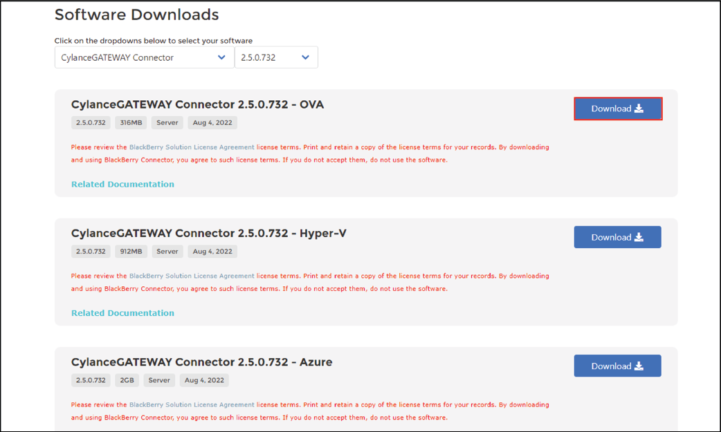 Screenshot of Software Downloads screen