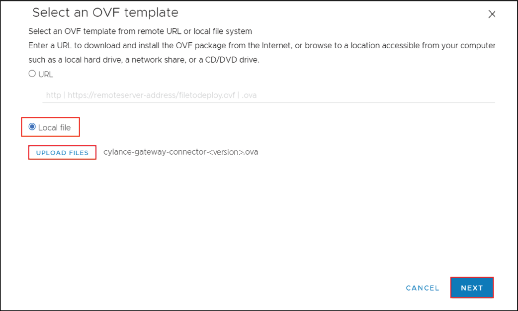 Screenshot of Select an OVF template screen