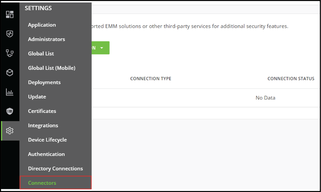 Screenshot of path to Connectors page