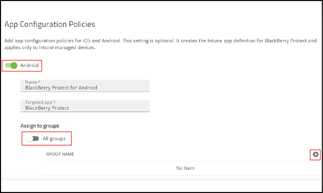 screenshot of app configuration policy settings