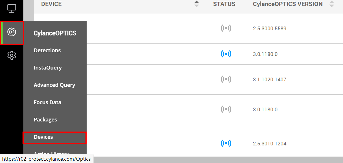 CylanceOPTICS menu with Devices option