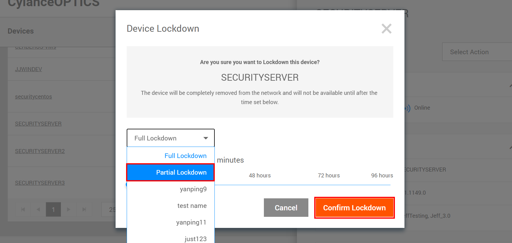 In the Device Lockdown pop-up choose Partial Lockdown