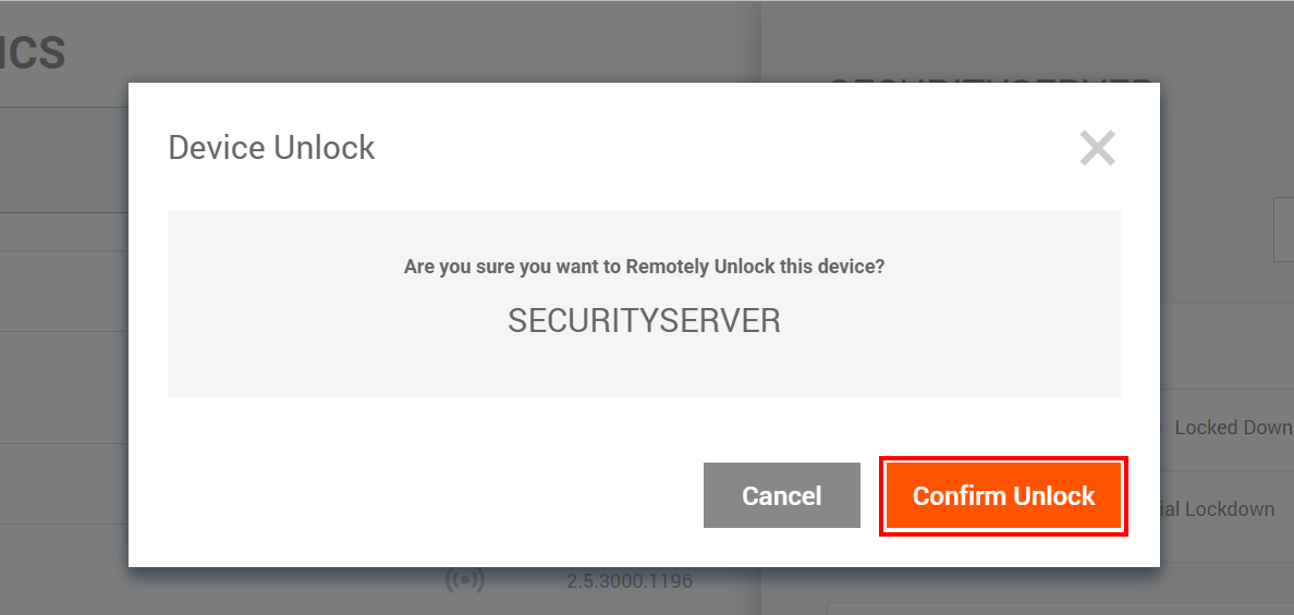 Device Unlock pop-up with Confirm Unlock button