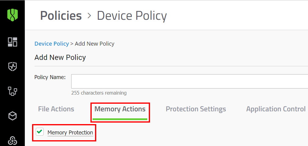 Memory actions tab with memory protection check box selected