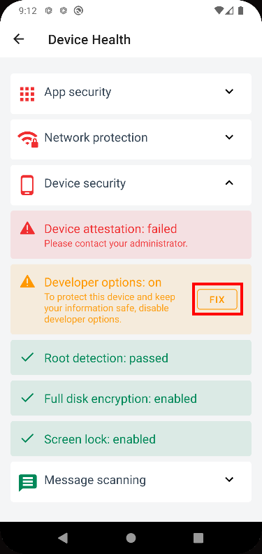 Developer options threat Fix button