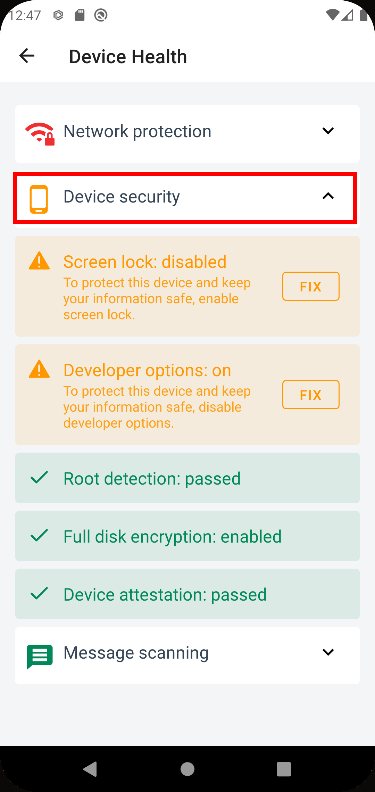 Device health page with Device security button