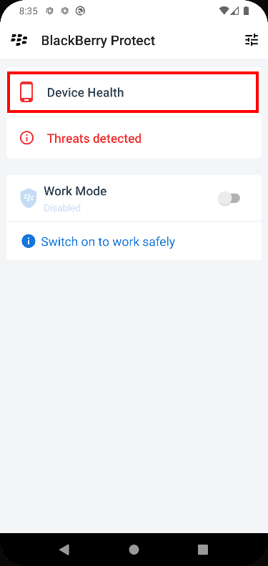 Protect app home page with Device Health button