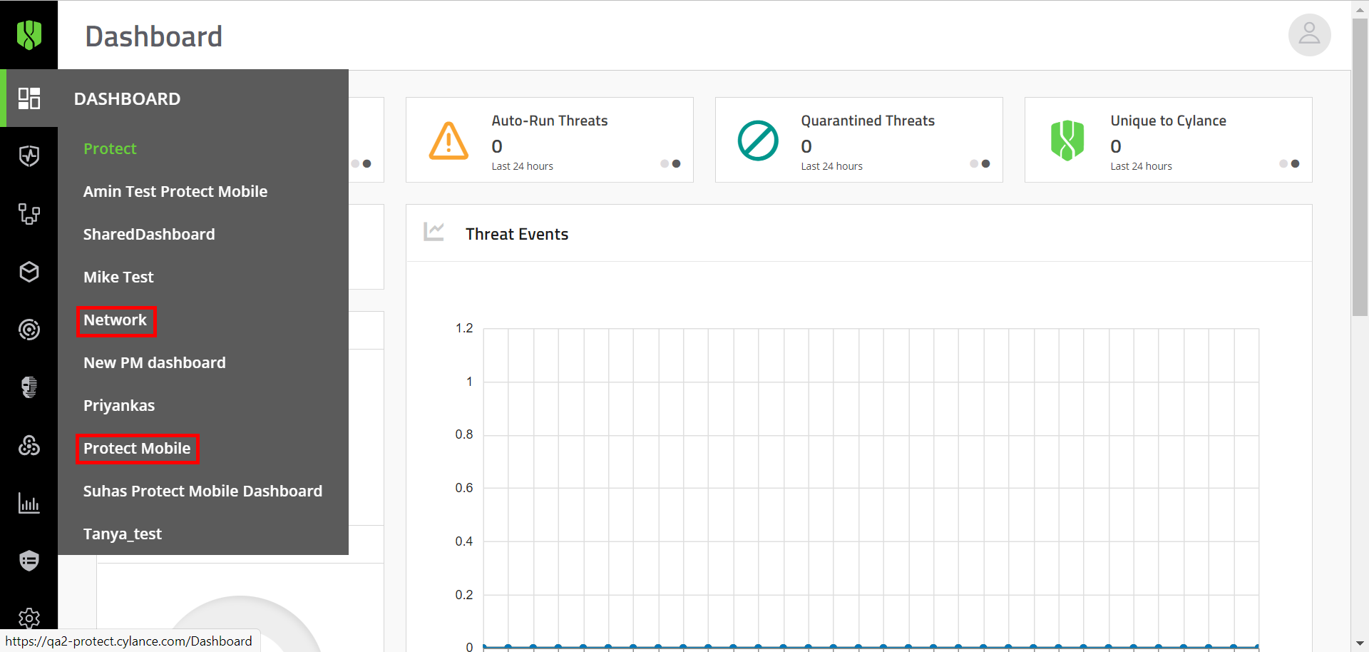 Dashboard menu with Network and Protect Mobile PM options