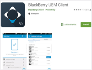 Screenshot of the BlackBerry UEM Client in GooglePlay