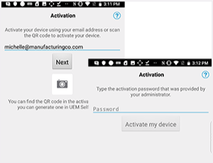 Screenshot of the email and password activation screen