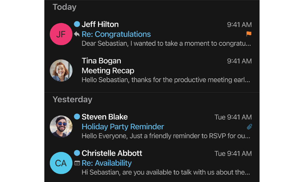 Image of BlackBerry Work updated message list UI for iOS