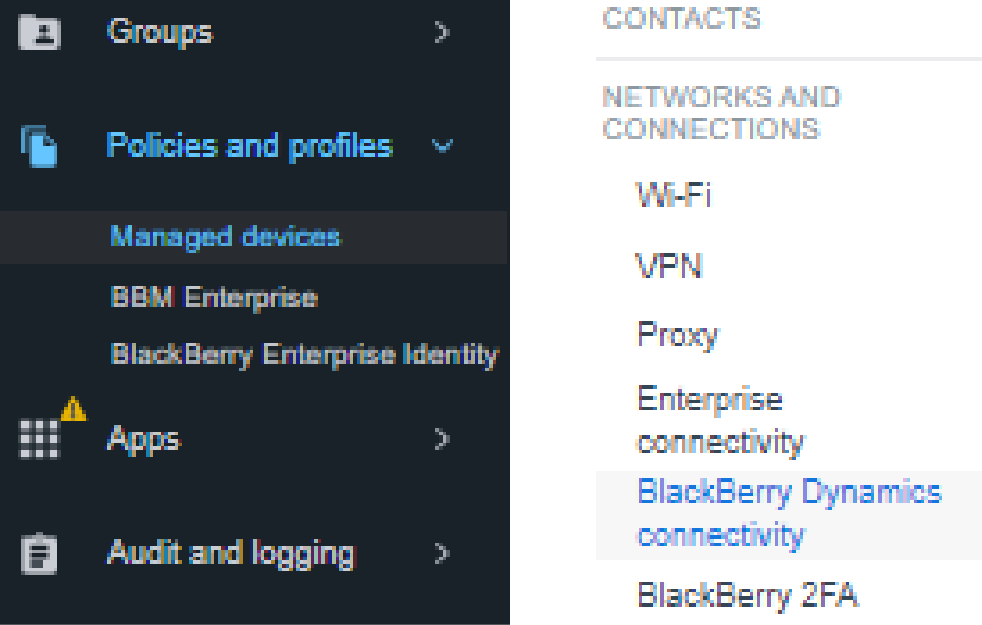 Image of Policies and Profiles > Managed devices > Networks and Connections > BlackBerry Dynamics connectivity
