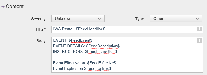 Alert template sample with placeholders and text