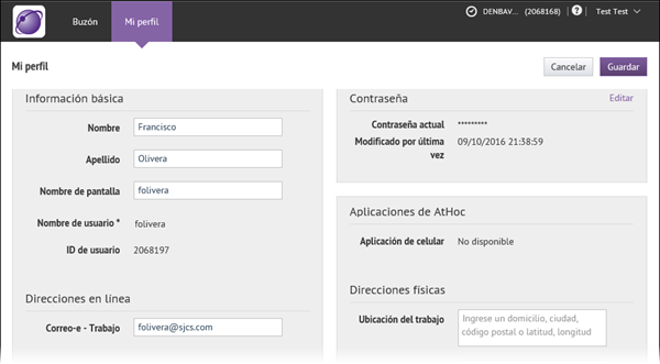The User Profile screen within Self Service, localized for the Spanish (Mexico) locale