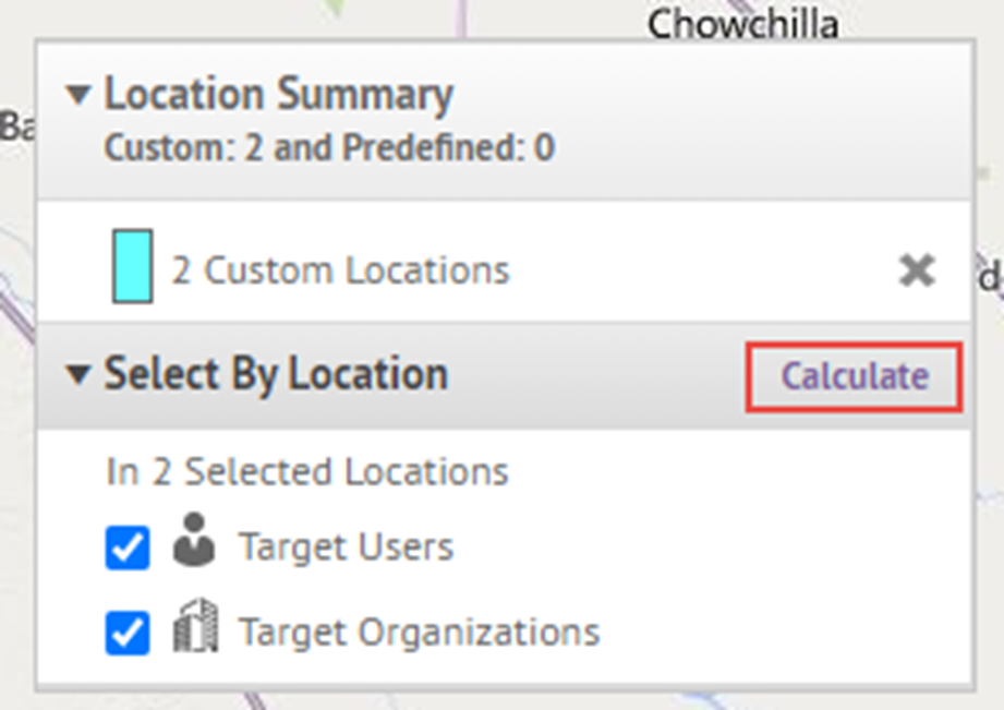 Calculate the users and organizations in the selected locations