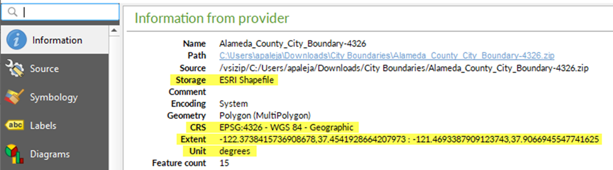 QGIS information screen with highlighted values