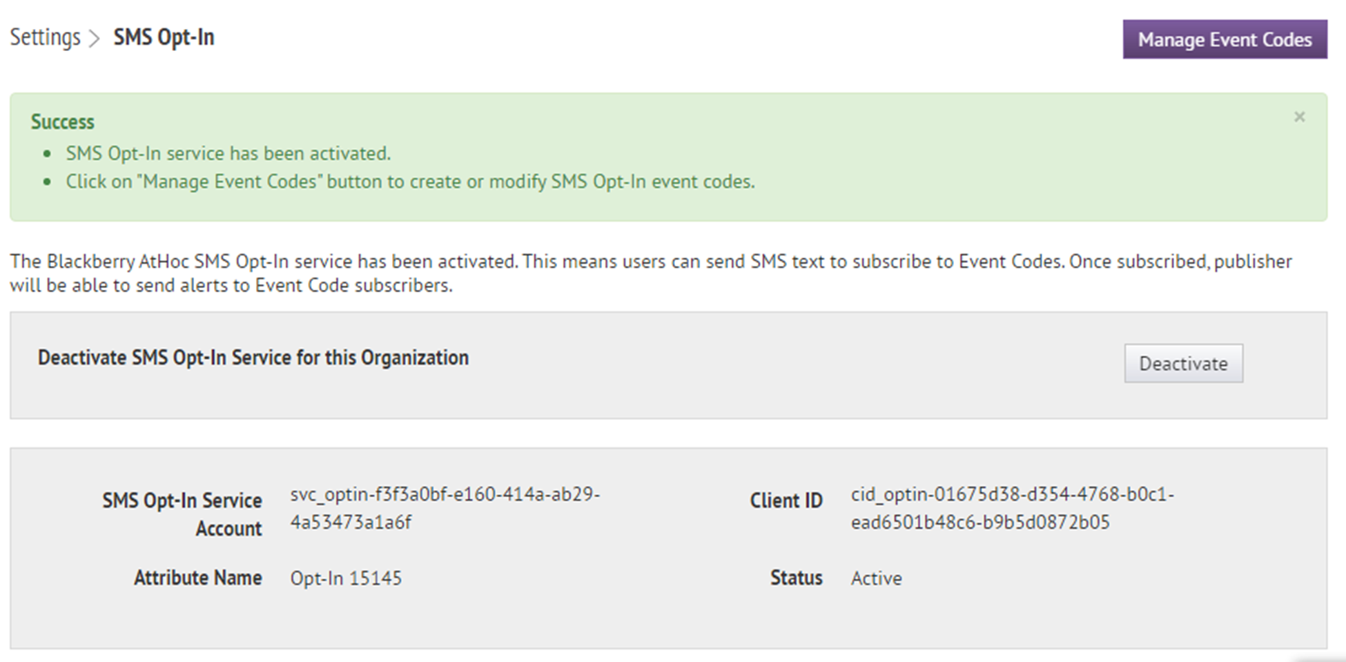 SMS Opt-In activation successful