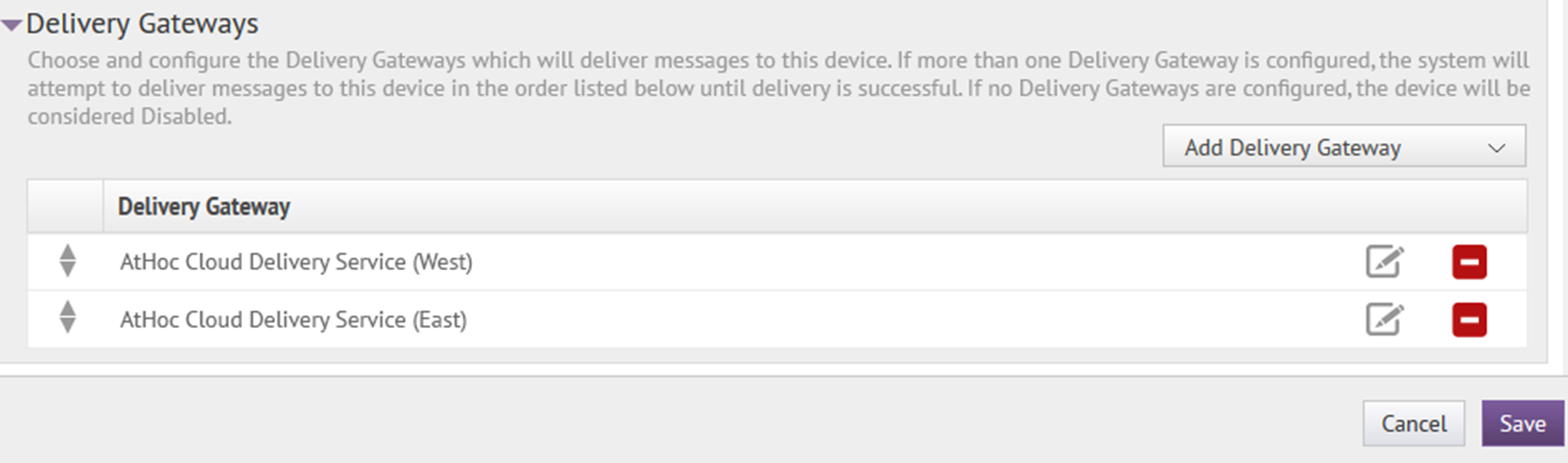Delivery Gateways section of device details page
