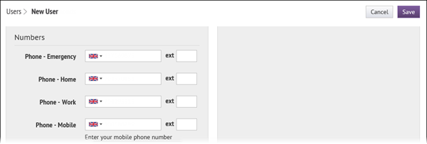 Out-of-the-box settings for phone numbers on the New User screen, localized for UK English