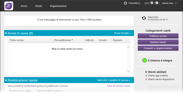 The BlackBerry AtHoc Homepage localized into Italian