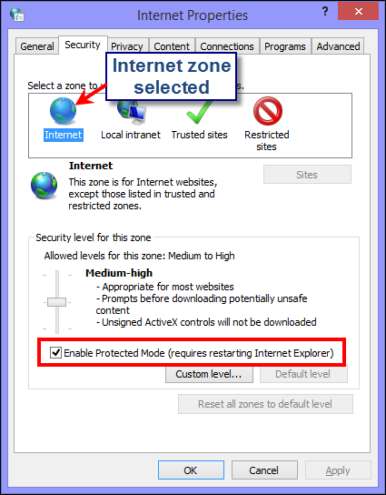 The Enable Protected Mode checkbox selected in the Internet Properties dialog