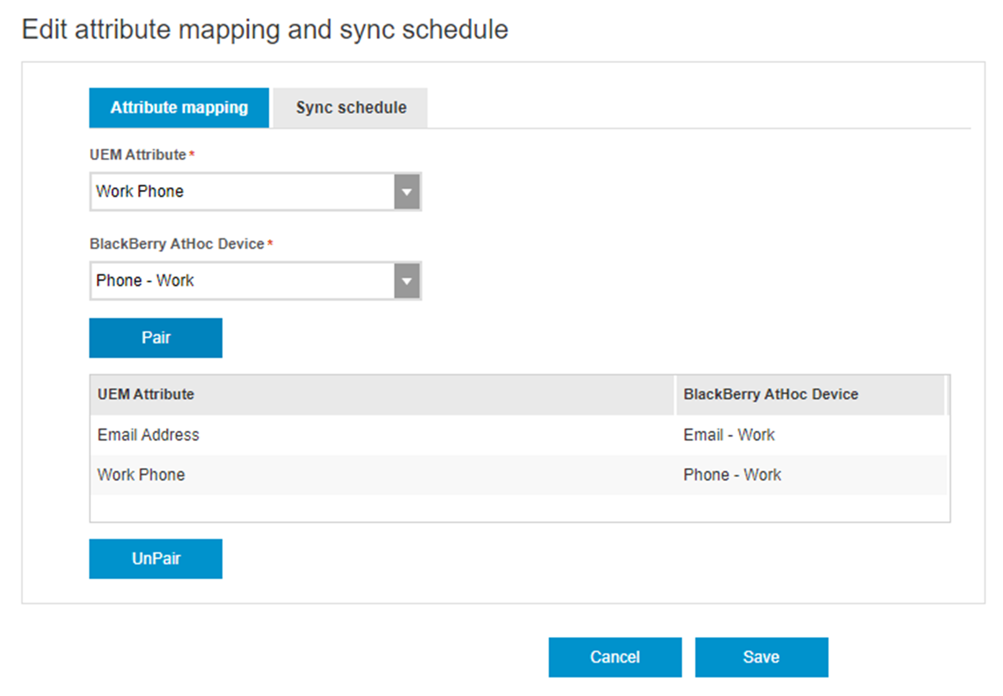 The Edit attribute mapping and sync schedule window in UEM
