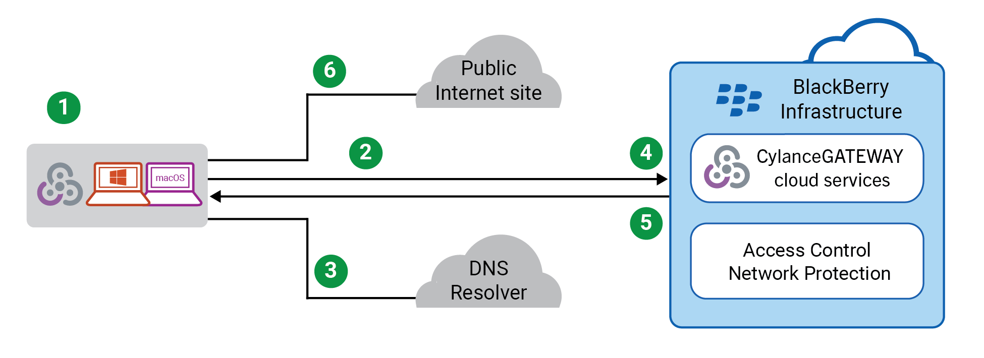 CylanceGATEWAY data flow for accessing an application or content server on your private network, the public Internet, or a cloud-based application.
