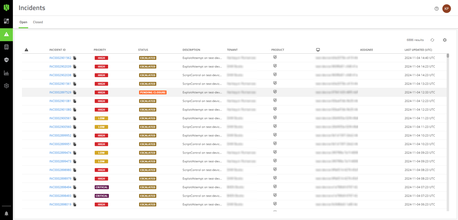 A screenshot of the Incidents screen in the Cylance console.