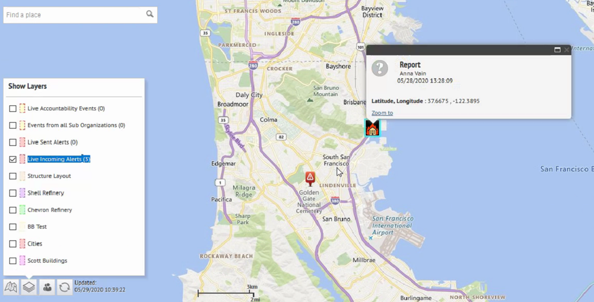 Alert details pop-up on the map